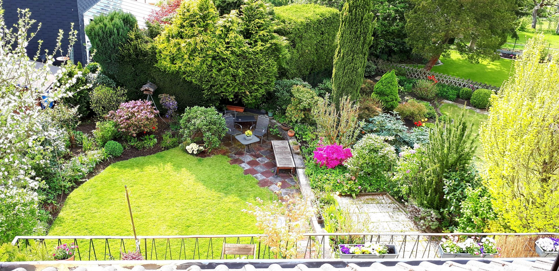 Blick in den Garten mit zwei Terrassen